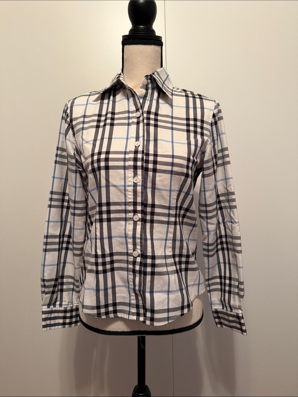 Burberry White Black and Light Blue Plaid Button-Down Shirt